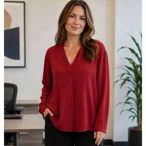 Nick+Zoe Wine Red Blouse V Neck Pleated Tunic Shirt Business Casual L